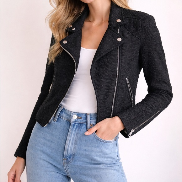Rebecca Taylor Jackets & Blazers - Rebecca Taylor Black Boucle Moto Jacket Cropped Asymmetric Zip